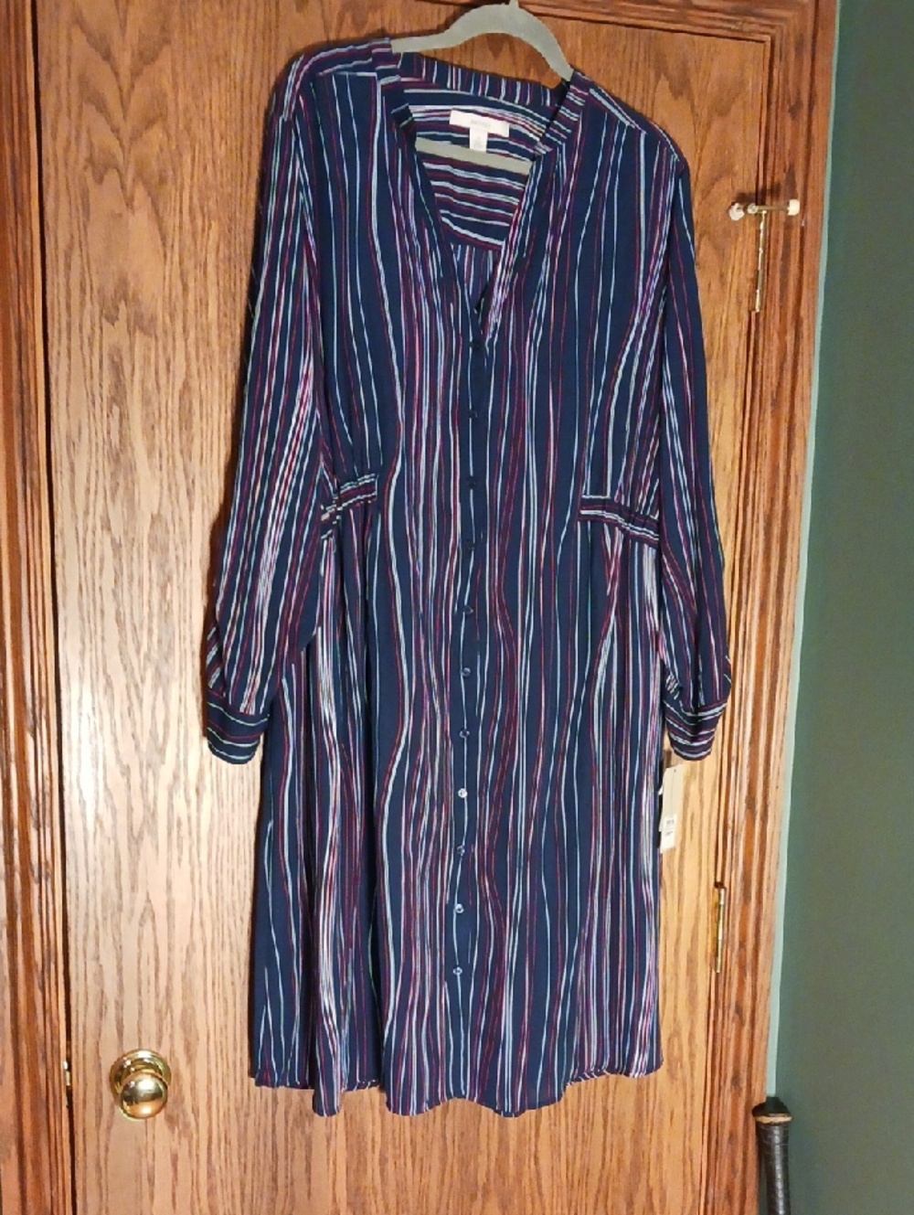 NWT Women's Sejour Peacoat Linear Waves Button Down V Neck Long Sleeve Dress